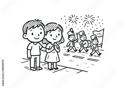 handdrawn cute doodle style couple watching parade on street vector line illustration