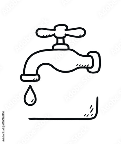 handdrawn cute doodle style clean sink faucet water droplet vector line illustration
