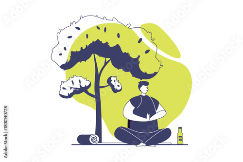 Yoga training web concept with flat people for website design. Man doing yoga asanas at mat in park, practicing meditation in lotus posture and breathing exercises outdoors. Vector illustration.