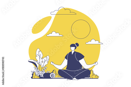 Yoga training web concept with flat people for website design. Woman doing yoga asanas at mat in park, practicing meditation sitting in lotus posture and breathing exercises. Vector illustration.