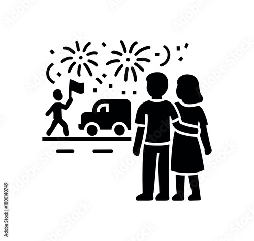 couple watching parade on street flat black solid vector illustration isolated on white background