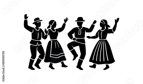 people dancing folk costumes flat black solid vector illustration isolated on white background