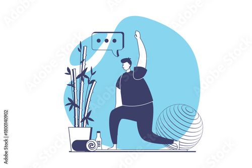Yoga training web concept with flat people for website design. Man doing yoga asanas at mat in studio, practicing stretching postures and balance exercises with fit ball in gym. Vector illustration.