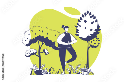 Yoga training web concept with flat people for website design. Woman doing yoga asanas outdoors, practicing balance postures and standing in peaceful position at mat in park. Vector illustration.