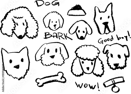 Dog doodle set, a collection of cute chalk style sketches featuring various breeds, faces, and pet items. Hand drawn collection of furry animals and words with a rough, whimsical brush texture.