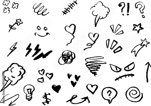 Emotion doodle set, a collection of rough chalk style sketches featuring various signs, symbols, and expressive elements. Hand drawn collection of abstract shapes like hearts, arrows, and speech bubbl