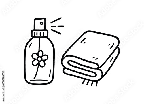 handdrawn cute doodle style body mist bottle and towel combo vector line illustration