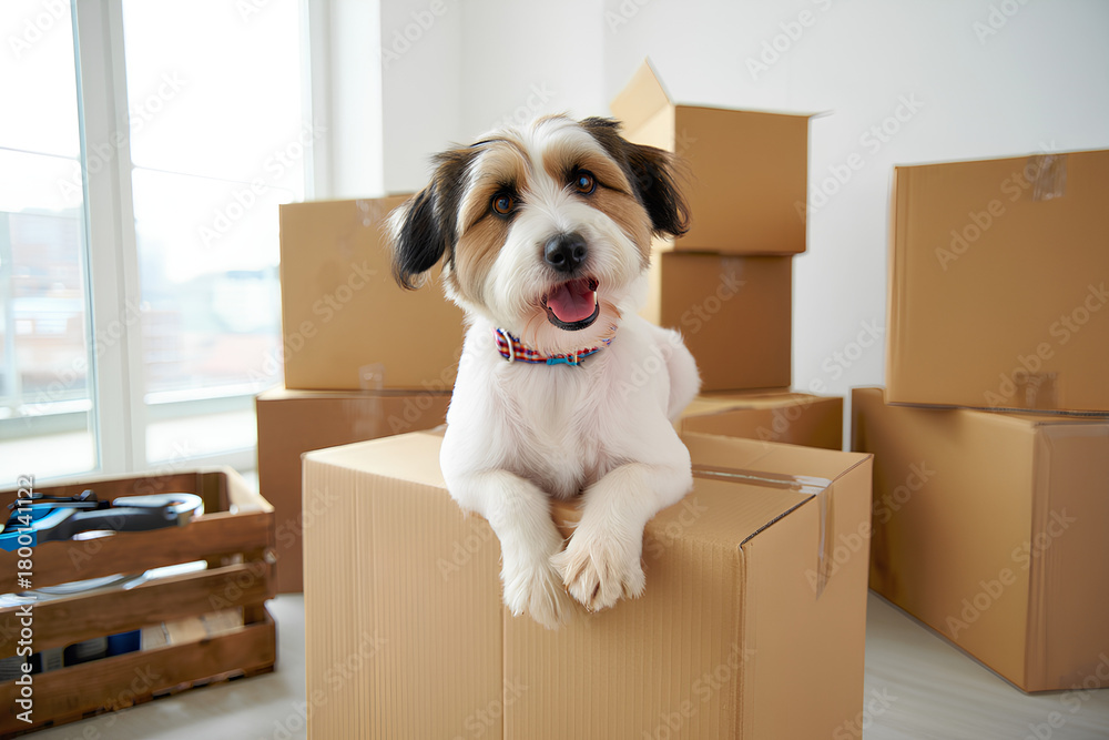 Fototapeta premium Cute domestic dog sitting on stacked moving boxes in bright empty room, showing playful pet behavior, home relocation, canine companionship, loyalty, adoption, interior space and new house atmosphere