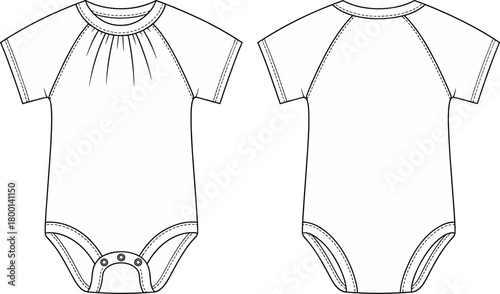 Baby bodysuit fashion flat sketch, infant onesie vector template front and back view, apparel design illustration for clothing manufacturing