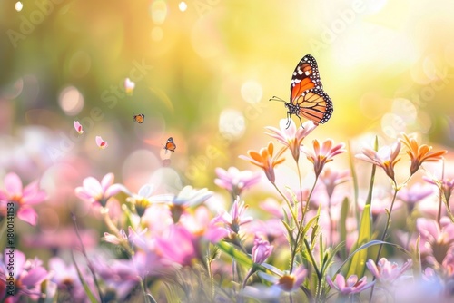 Beautiful butterfly on wild colorful flowers in grass in rays of sunlight, macro. Neural network ai generated art