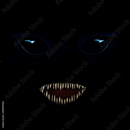 monster with blue eyes and bared mouth