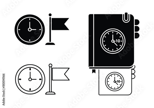Time management icons clock flag calendar planning productivity - Vector icon symbol for website - Icon vector - Blue icon vector - Line and glyph solid icon set