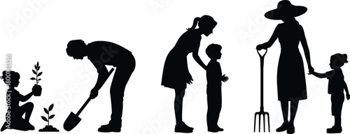 Family gardening silhouettes showing adults and children working together in nature, outdoor planting activity concept for farming education illustration
