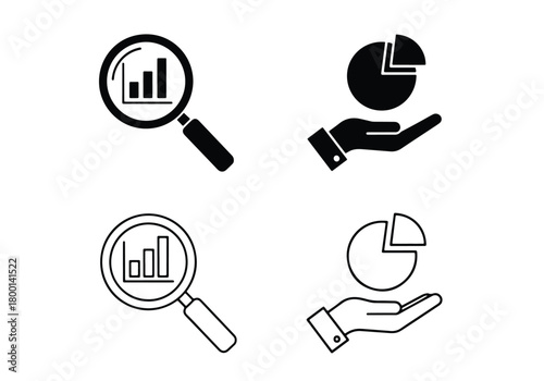 Financial data analysis magnifying glass pie chart hand icons - Vector icon symbol for website - Icon vector - Blue icon vector - Line and glyph solid icon set