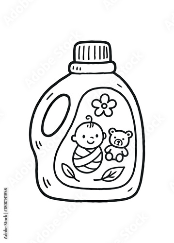 handdrawn cute doodle style bottle of babysafe laundry detergent vector line illustration