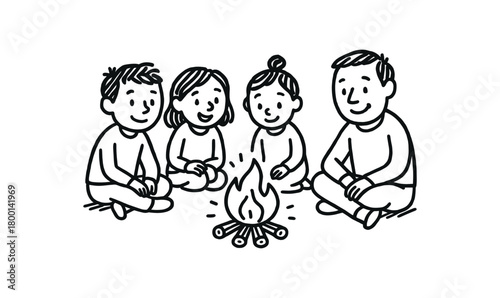 handdrawn cute doodle style people gathering around bonfire vector line illustration