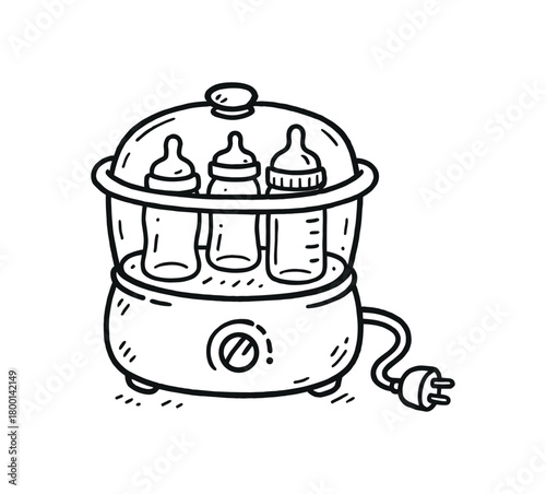handdrawn cute doodle style sterilizing pot for baby bottles vector line illustration
