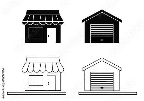 Simple store and garage icons black and white line art - Vector icon symbol for website - Icon vector - Blue icon vector - Line and glyph solid icon set