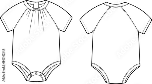 Baby bodysuit flat sketch with bow detail, infant onesie vector template front and back view, fashion apparel design illustration