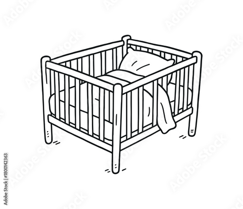 handdrawn cute doodle style clean crib with fresh bedding vector line illustration