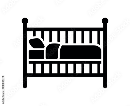 clean crib with fresh bedding flat black solid vector illustration isolated on white background