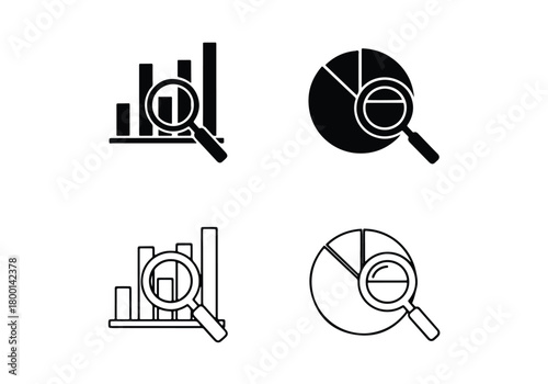 Magnifying glass over bar and pie charts data analysis icons - Vector icon symbol for website - Icon vector - Blue icon vector - Line and glyph solid icon set