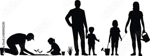 Family gardening together outdoors, silhouette planting and watering plants, children learning nature care, teamwork eco friendly activity illustration