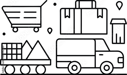 Delivery and logistics icons: shopping cart, truck, package, and trailer