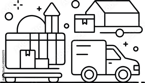 Logistic transport van, truck, and house with package delivery