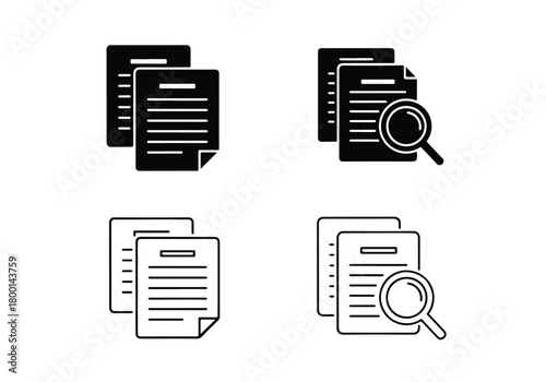 Document search icons set paper magnifying glass analysis - Vector icon symbol for website - Icon vector - Blue icon vector - Line and glyph solid icon set