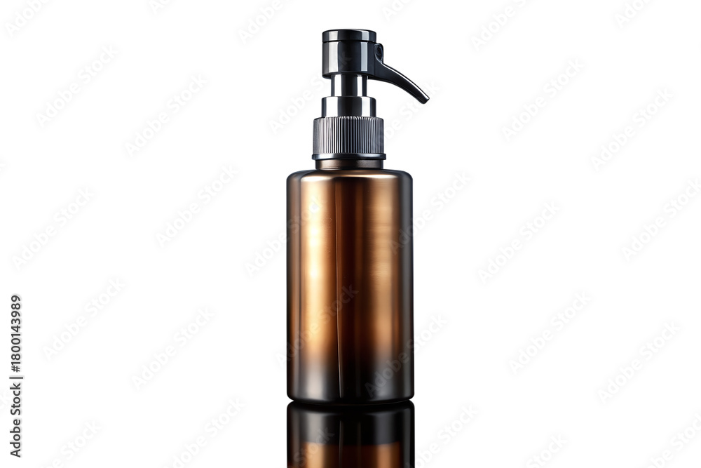 Obraz premium Shiny Brown Dispenser Bottle on Reflective Surface