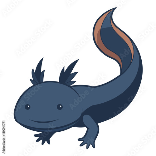 Cute cartoon dark blue axolotl with feathery gills and a curved tail