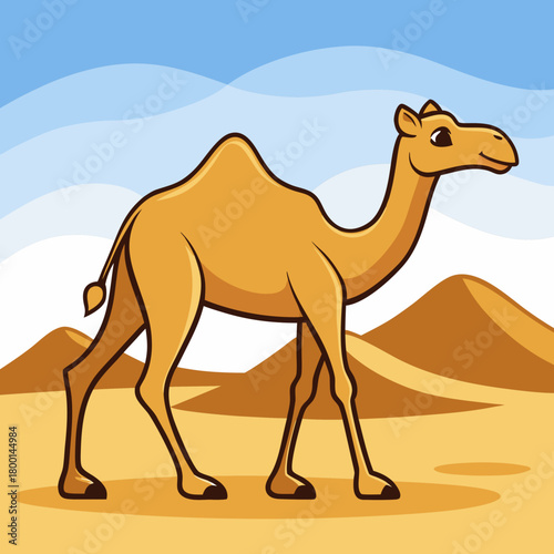 Cartoon camel walking through desert dunes under a blue sky