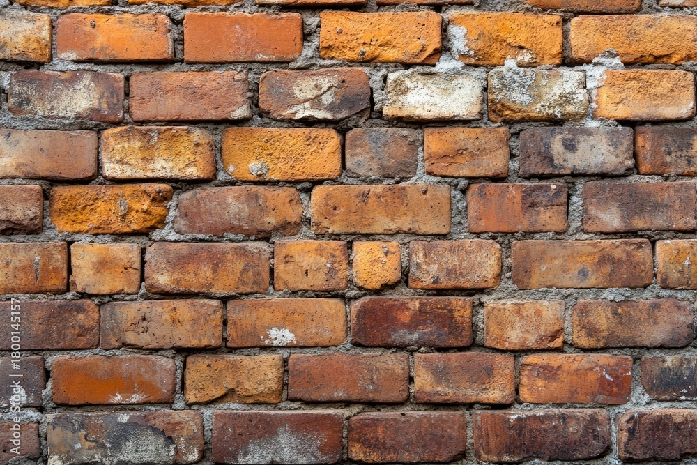Fototapeta premium Rustic wall with weathered red and brown bricks. Diverse hues show aging and texture variations. Close-up view. Neural network AI generated