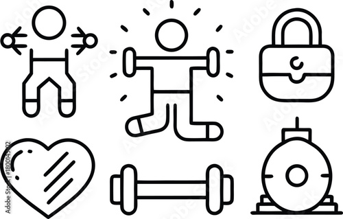 Fitness and health icons: workout, heart, dumbbell, gym machine, lock