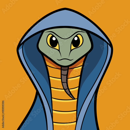 Cartoon cobra snake wearing a blue hood against an orange background