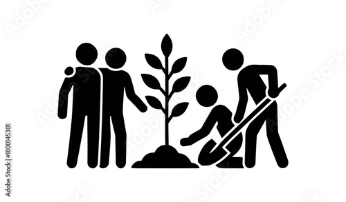 group planting tree together flat black solid vector illustration isolated on white background