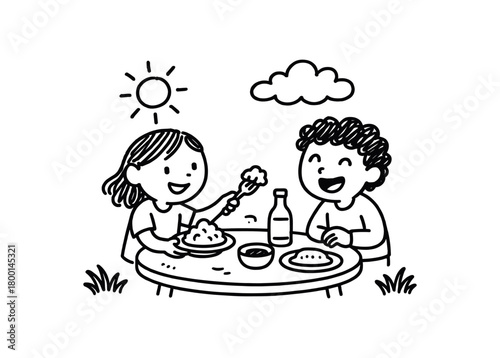 handdrawn cute doodle style sharing meal outdoors vector line illustration