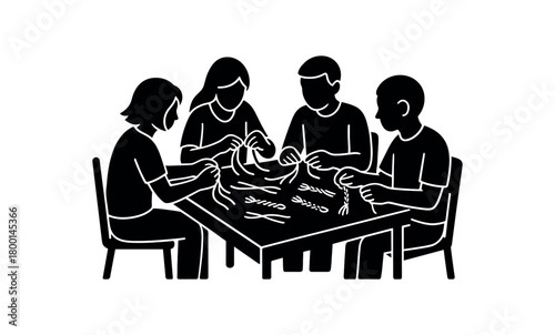 group making friendship bracelets flat black solid vector illustration isolated on white background