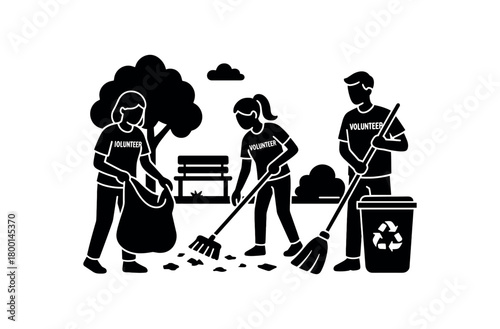 volunteers cleaning park together flat black solid vector illustration isolated on white background