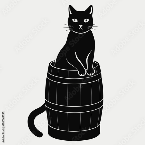 Black cat sitting in a wooden barrel silhouette