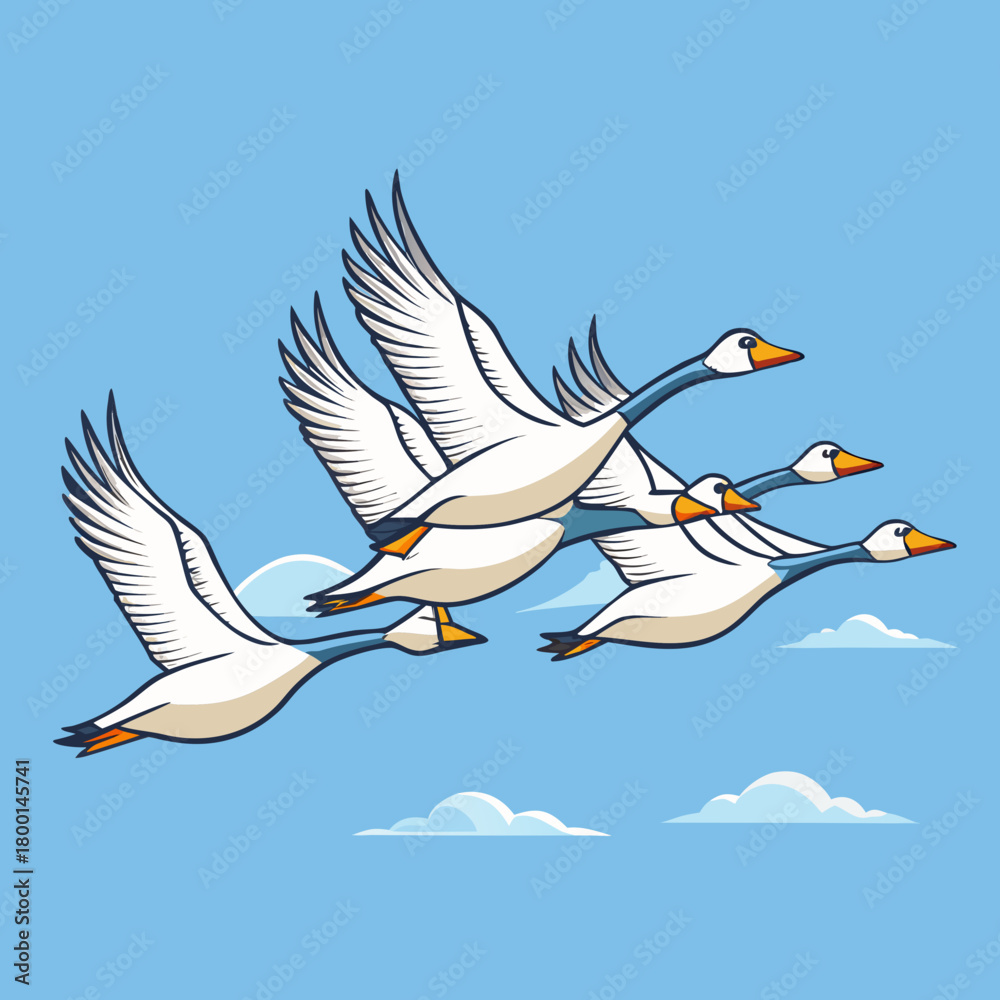 Obraz premium Flock of geese flying in formation against a blue sky