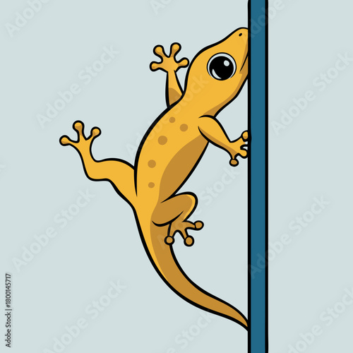 Cute cartoon gecko climbing on a vertical surface