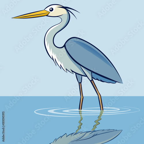 Cartoon heron standing in shallow water with reflection