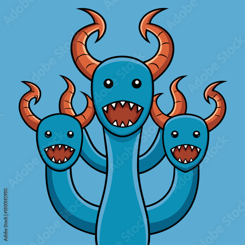 Cute cartoon hydra monster with three heads and horns