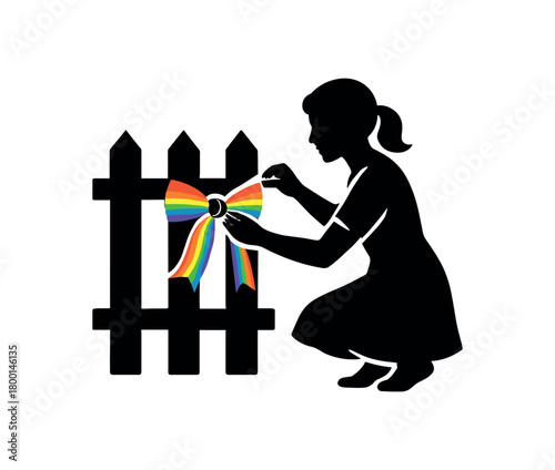 woman tying rainbow ribbon to fence flat black solid vector illustration isolated on white background
