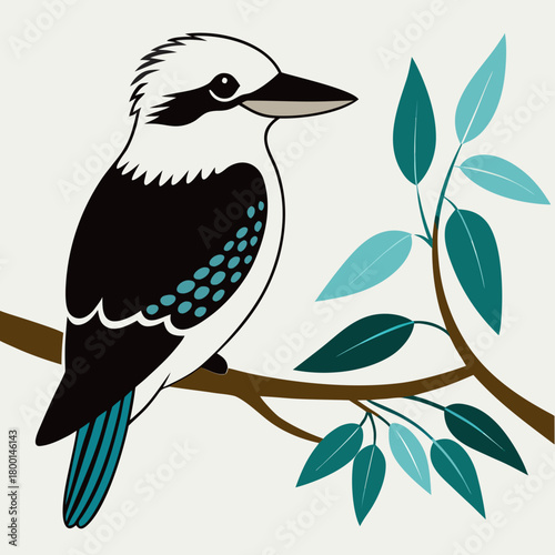 Stylized kookaburra bird perched on a branch with blue green leaves