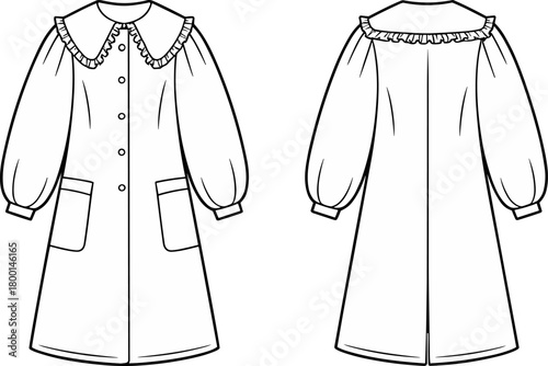 Fashion coat technical flat sketch with ruffle collar, long puff sleeves, front buttons, patch pockets, garment design template, clothing illustration