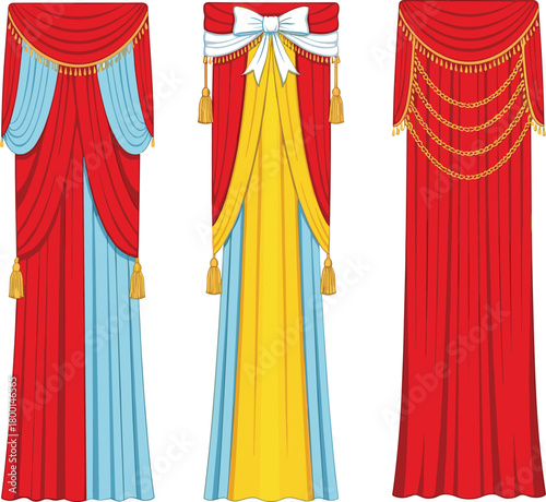 Luxurious curtain designs, red blue yellow drapes, stage decoration, interior textile art, ornate tassels, regal vector illustration