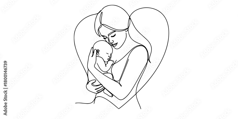 Obraz premium Continuous Line Mother Newborn Tender Embrace Heart Vector